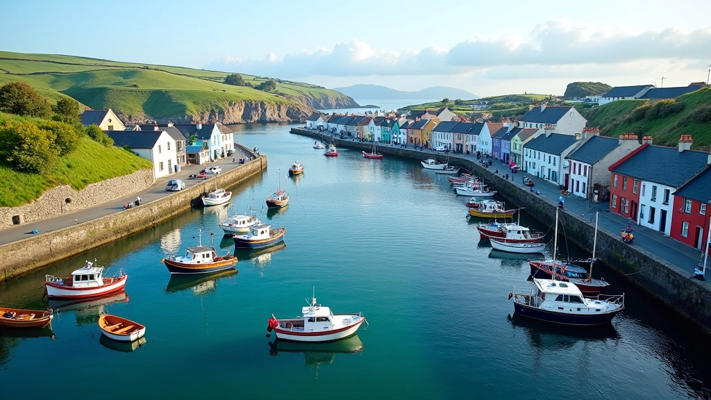 Aerial view of Dingle Harbour with colourful boats and coastal buildings