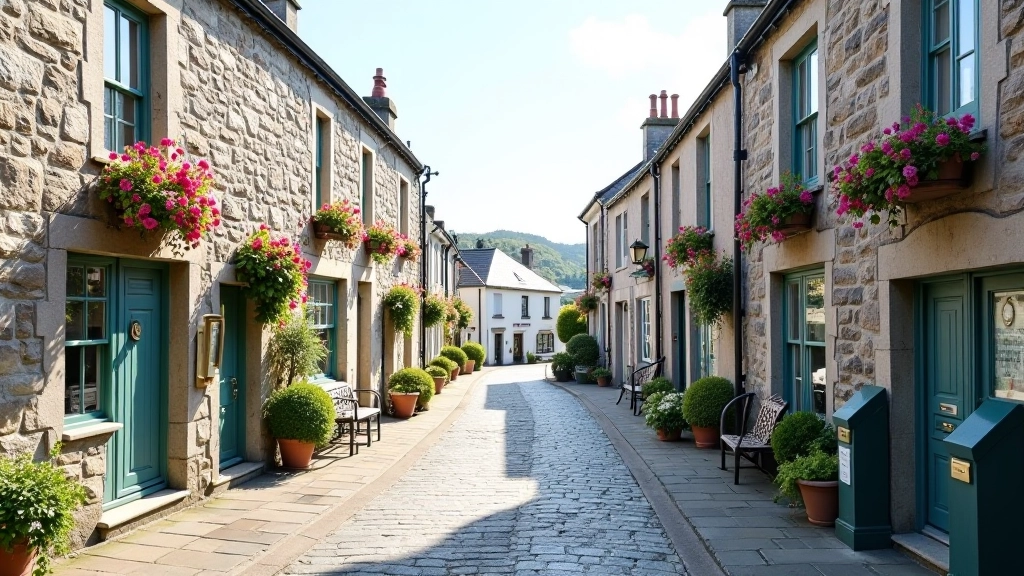 Charming Irish village street with traditional stone buildings and local cafe