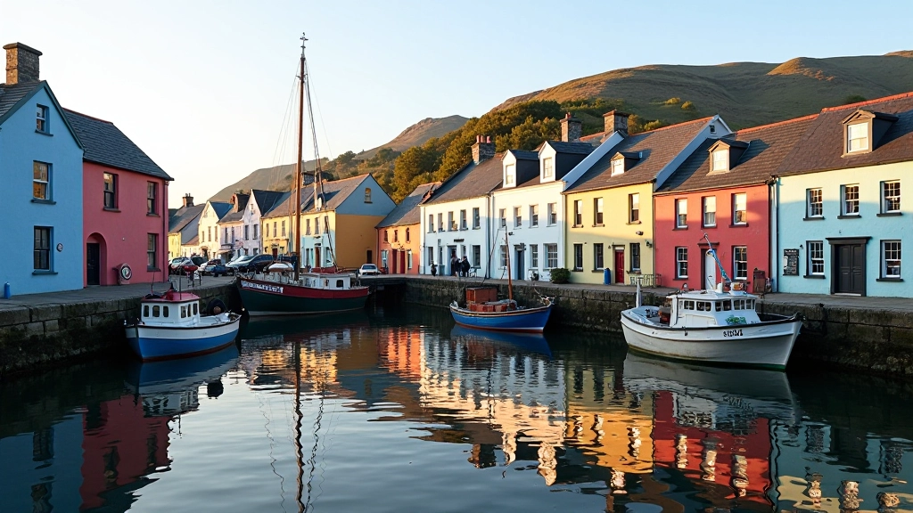 Traditional colorful buildings of Dingle town lining the peaceful harbor