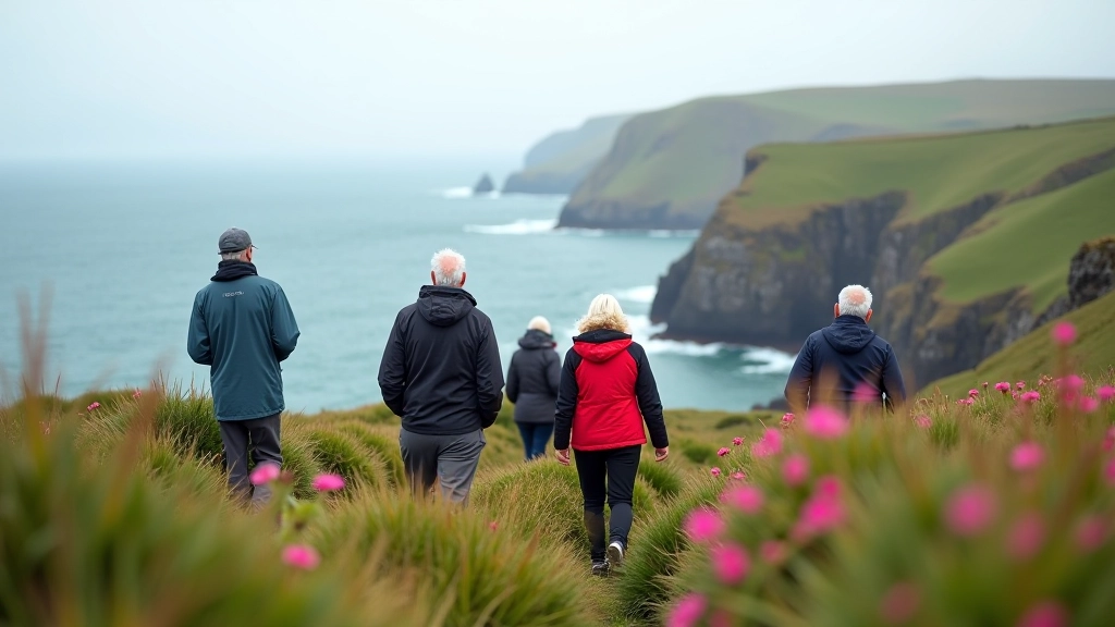 Group of older adults enjoying a coastal walk with scenic ocean backdrop