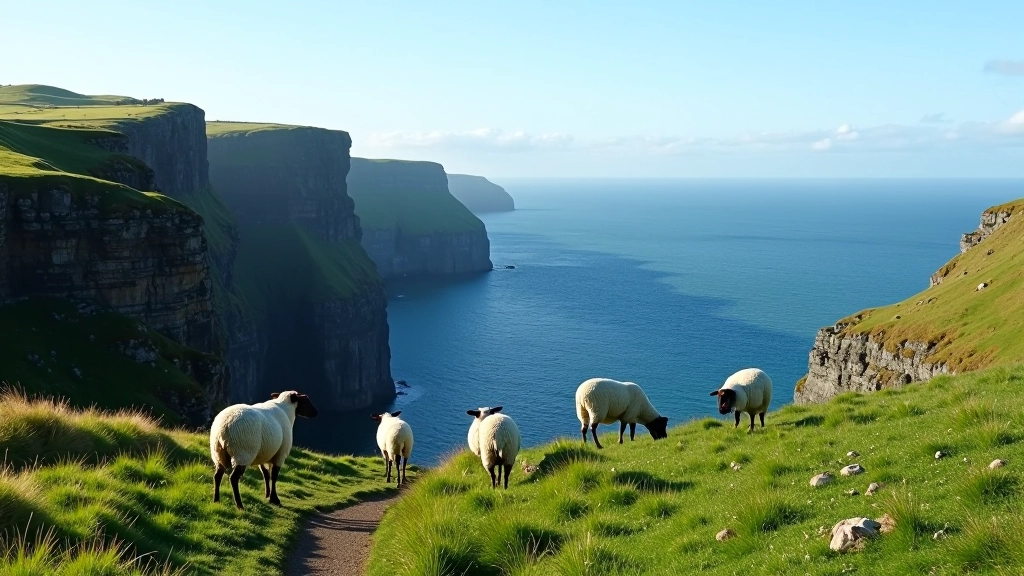 Scenic coastal cliffs overlooking Atlantic Ocean, sheep grazing on hillside, clear blue sky, dramatic landscape