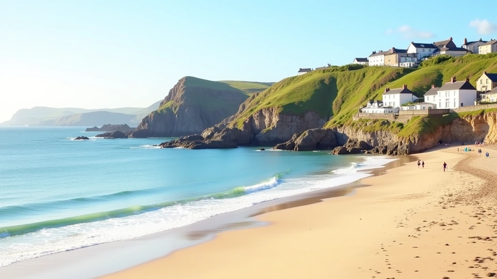 Wide sandy beach with dramatic coastal cliffs, turquoise Atlantic water, traditional stone village buildings, golden afternoon light