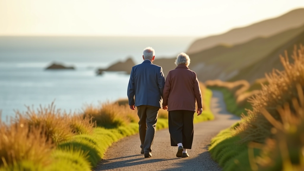 Mature couple walking together on a coastal path with scenic views