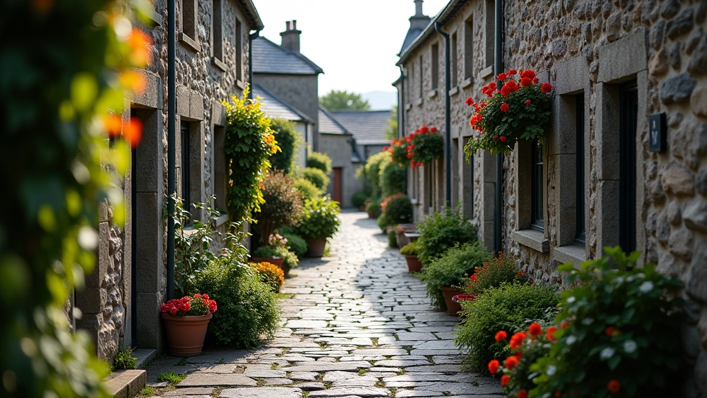 Narrow Dingle town side street with stone buildings, hanging flower baskets, quiet peaceful alleyway, traditional architecture and character