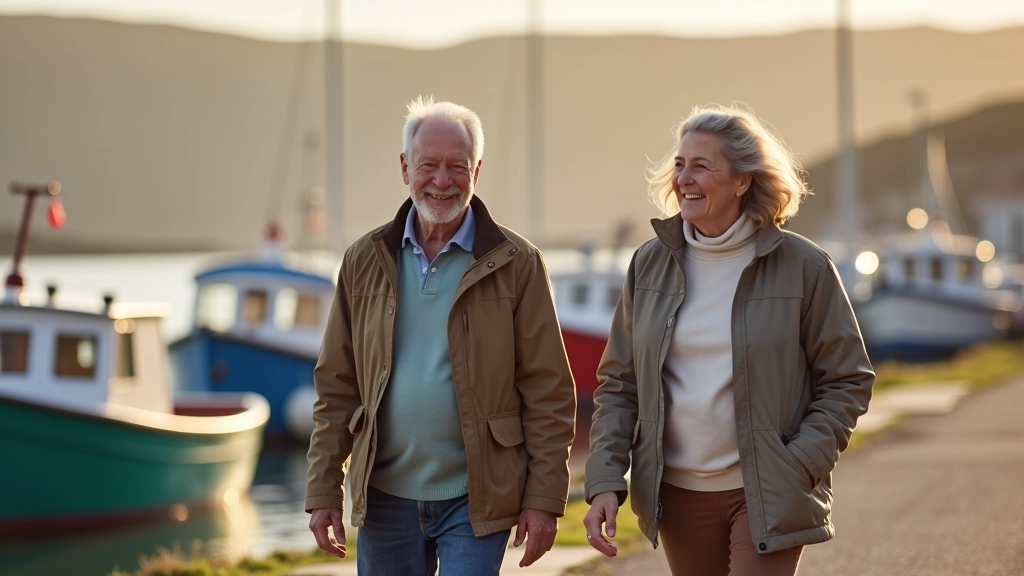 Retired couple walking along peaceful Dingle harbour waterfront, colourful boats, calm water, morning sunshine