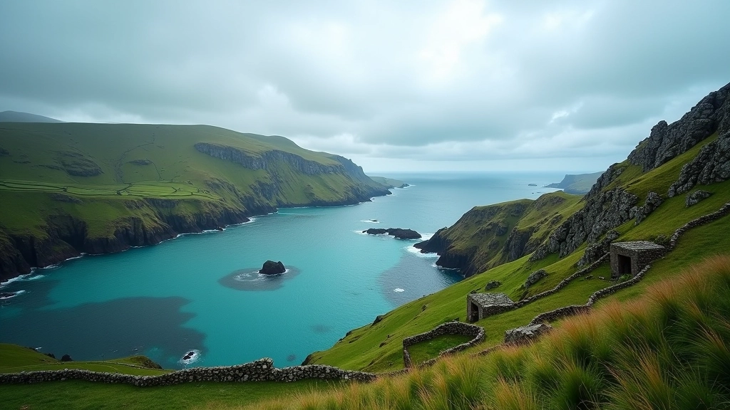 Rocky Irish coastline with Blasket Islands visible across water, abandoned stone village ruins, steep grassy cliffs, Atlantic seascape, moody sky