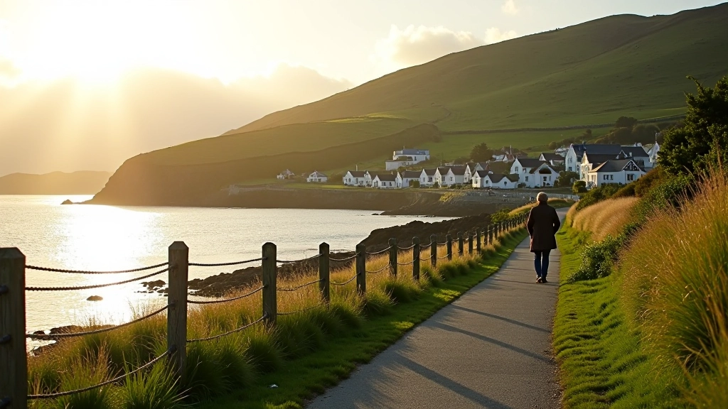 Stunning coastal path overlooking Dingle Harbour with emerald hills and azure waters