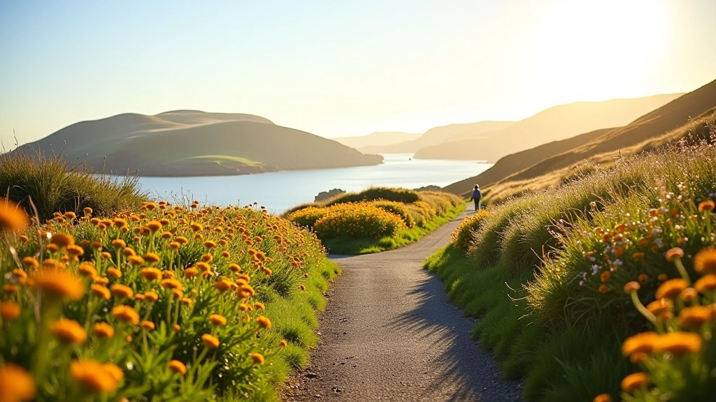 Scenic coastal pathway with wildflowers, rolling hills, and Atlantic Ocean in distance, bright afternoon light