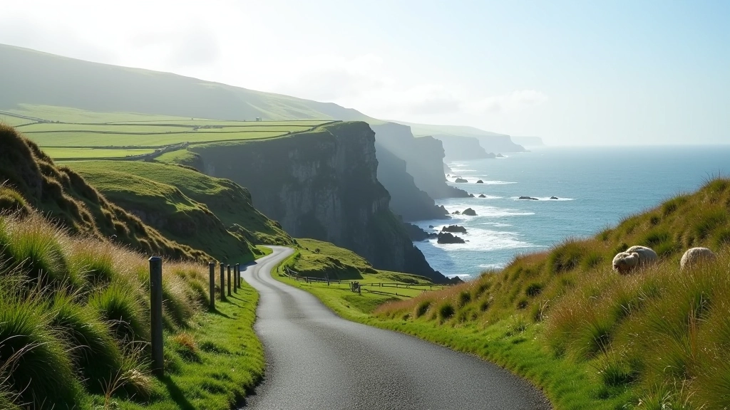 Slea Head coastal pathway with sea cliffs and Atlantic Ocean, sheep grazing nearby, afternoon sunshine