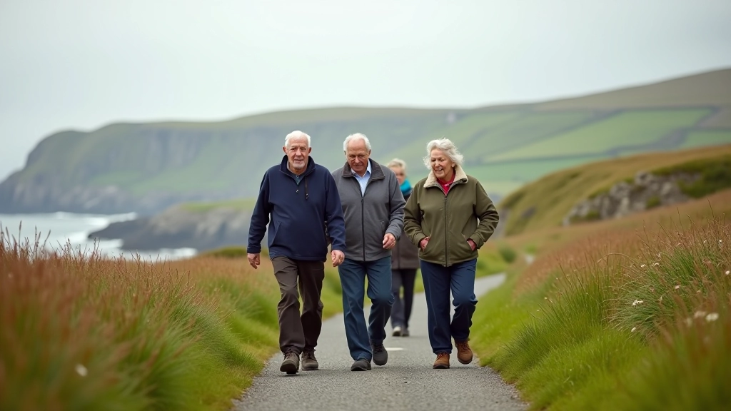 Group of retirees walking together on coastal path with sea view