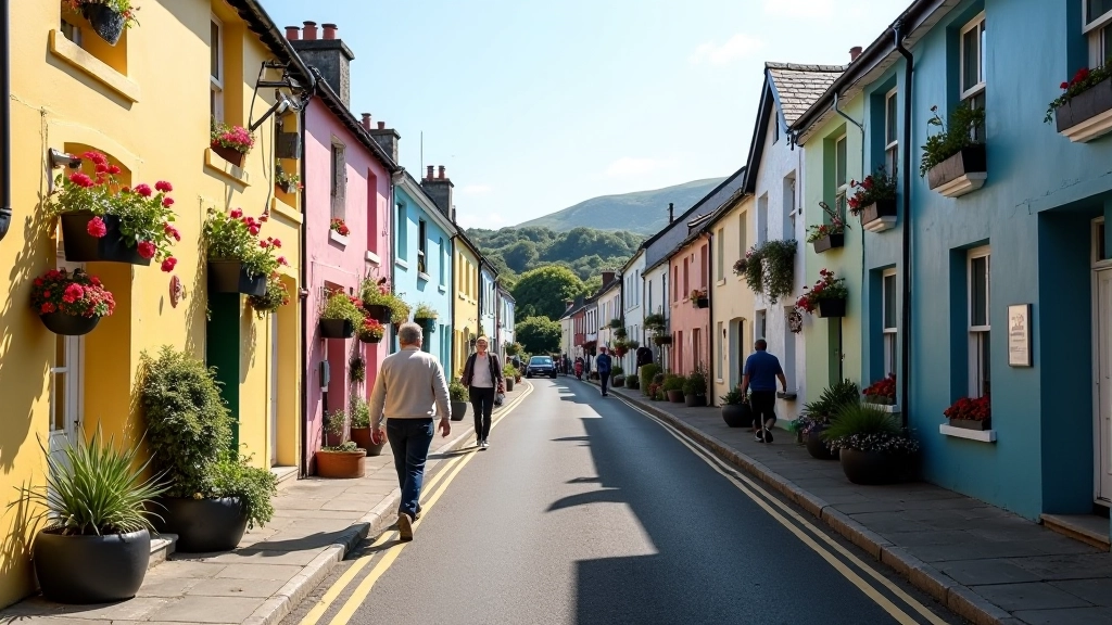Quiet village street in Dingle with traditional Irish cottages, flower boxes, peaceful afternoon, locals walking