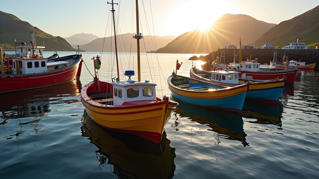 Colorful fishing boats moored in Dingle Harbour with mountains in background, clear day, golden hour light