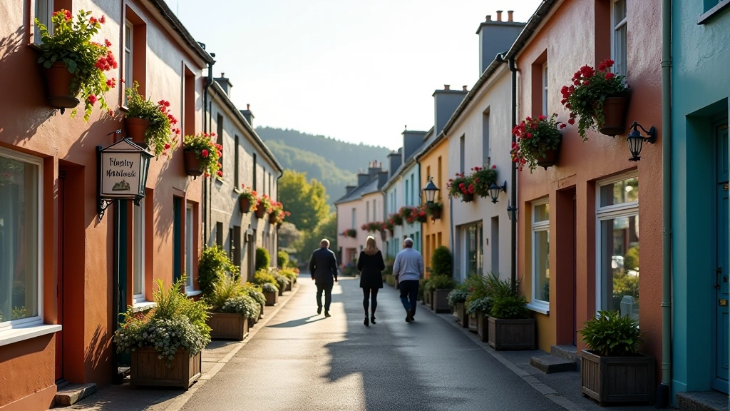 Traditional Irish village street with colourful shop fronts, flower baskets, peaceful afternoon, locals chatting outside cafés