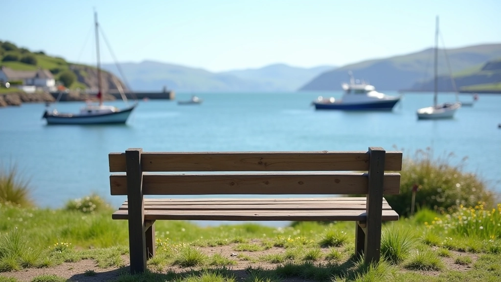 Wooden bench overlooking calm harbour water with boats, mountains in distance, clear day, peaceful coastal scene, person sitting relaxing